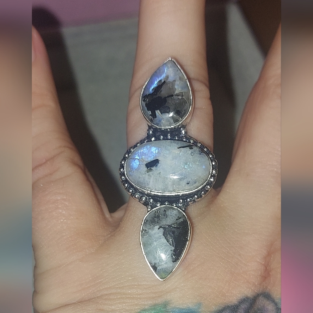 Triple Rainbow Moonstone Statement Ring Size 7 - Picture 3 of 9